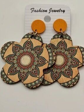 New Wooden Hand Painted Screw In Earrings